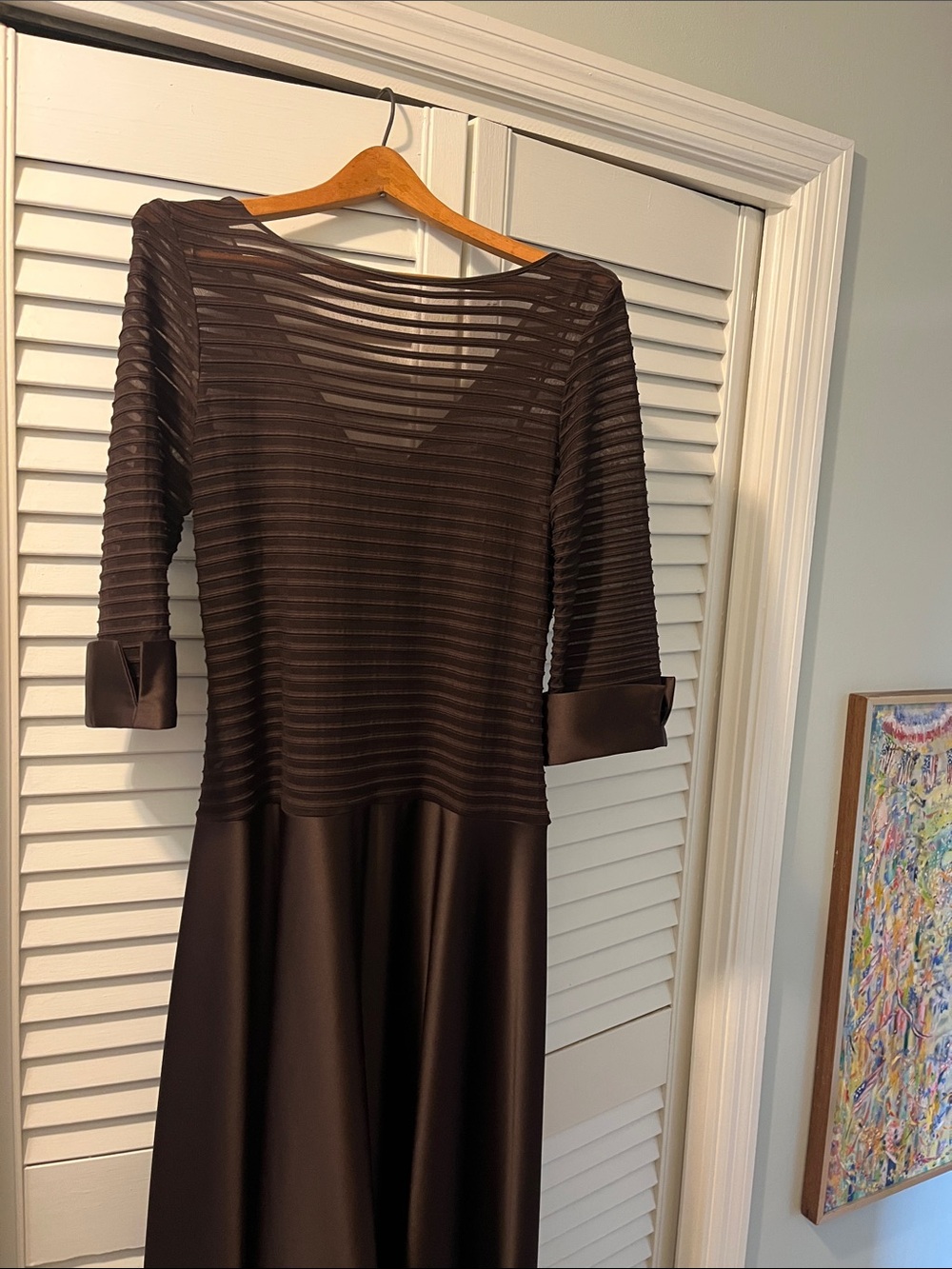JS Collections Brown Long Sleeve V-Neck Dress with Sheer Striped Bodice sz 12